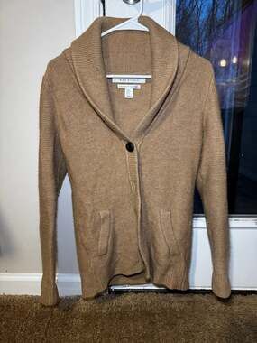 Max Studio 100% Extrafine Merino Wool Shawl Collar Cardigan Camel Brown Size M